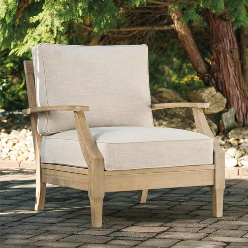 Signature Design by Ashley Clare View Outdoor Eucalyptus Wood Single Cushioned Lounge Chair, Beige in Kuwait