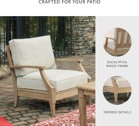 Signature Design by Ashley Clare View Outdoor Eucalyptus Wood Single Cushioned Lounge Chair, Beige in Kuwait