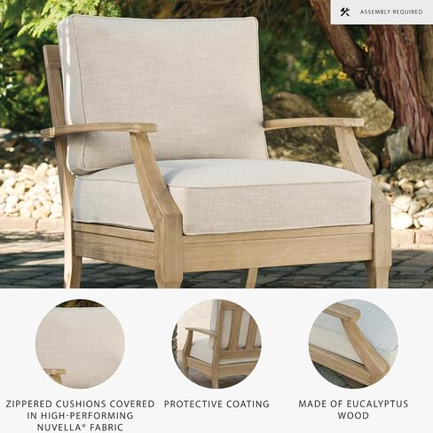 Signature Design by Ashley Clare View Outdoor Eucalyptus Wood Single Cushioned Lounge Chair, Beige in Kuwait