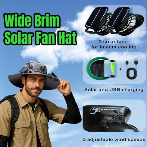 hat with Fans Solar Power，Solar Fan Hats for Men，Wide Brim Solar Fan Hat，Removable & USB Charging Fan, Sun Hats for Men Women Outdoor Fishing Camouflage in Saudi Arabia