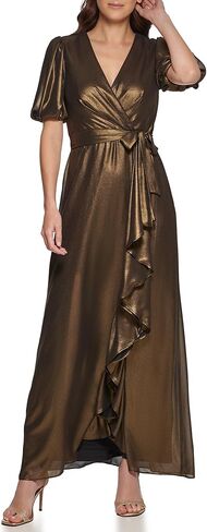 DKNY Women's Foil Chiffon Ruffle Skirt V-Neck Dress in Kuwait