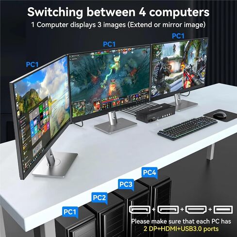 8K HDMI + 2 DisplayPort KVM Switch 3 شاشات 4 أجهزة كمبيوتر USB 3.0 كيلو فولت مكونة من 4 أجهزة كمبيوتر شاملة شاشة ثلاثية و 4 منافذ USB 3.0 (قابس الطاقة AU) in Saudi Arabia