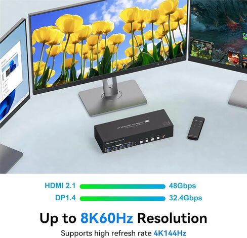 8K HDMI + 2 DisplayPort KVM Switch 3 شاشات 4 أجهزة كمبيوتر USB 3.0 كيلو فولت مكونة من 4 أجهزة كمبيوتر شاملة شاشة ثلاثية و 4 منافذ USB 3.0 (قابس الطاقة AU) in Saudi Arabia