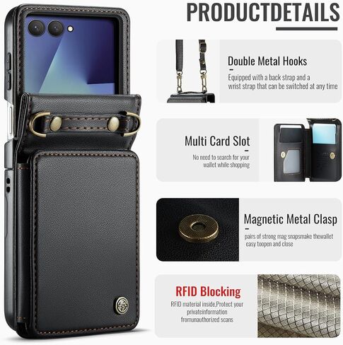 Kowauri for Samsung Galaxy Z Flip 7 Case مع حامل البطاقة ، Galaxy Z Flip 7 PU Leather Wallet Case مع حزام معصم RFID CART SLOT SLOT SLOCKPROCK PROCKPRAIN in Saudi Arabia