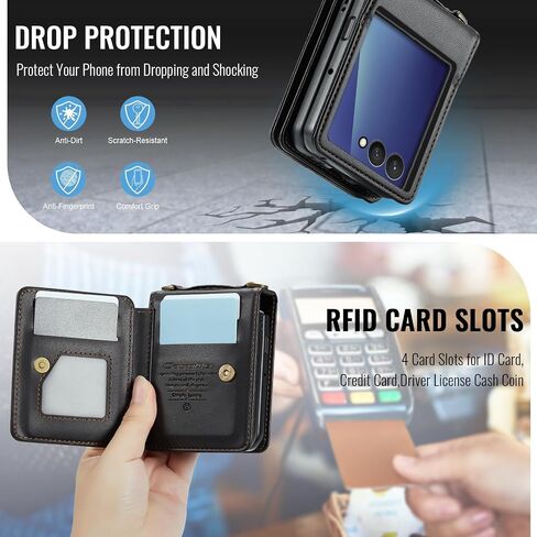 Kowauri for Samsung Galaxy Z Flip 7 Case مع حامل البطاقة ، Galaxy Z Flip 7 PU Leather Wallet Case مع حزام معصم RFID CART SLOT SLOT SLOCKPROCK PROCKPRAIN in Saudi Arabia