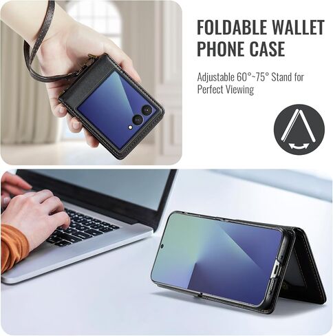 Kowauri for Samsung Galaxy Z Flip 7 Case مع حامل البطاقة ، Galaxy Z Flip 7 PU Leather Wallet Case مع حزام معصم RFID CART SLOT SLOT SLOCKPROCK PROCKPRAIN in Saudi Arabia