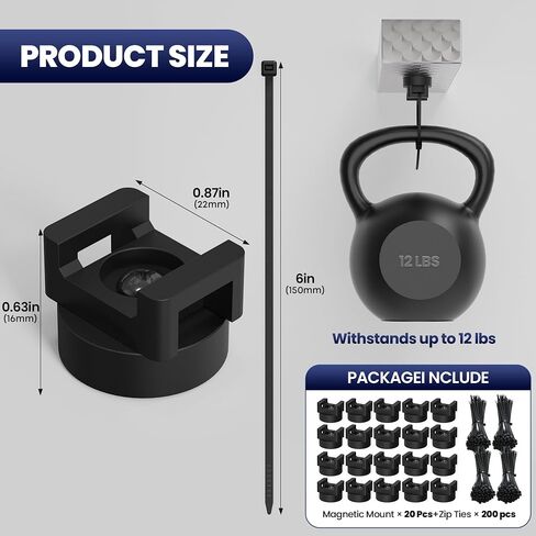 20Pcs Heavy Duty Magnetic Zip Tie Mount Kit with 200Pcs Cable Ties - Strong Magnetic Cable Zip Tie Holder for Automotive, Home & Office Cable Management | Rubber-Coated Base, 22mm Diameter in Kuwait