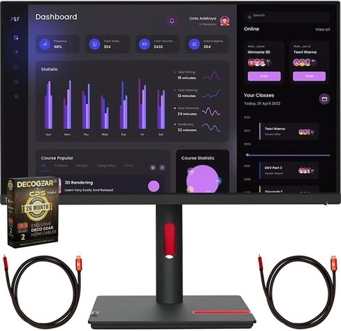 Lenovo 63Cfmat1us Thinkvision T24I-30 23.8 بوصة شاشة عالية الدقة الكاملة رافين الحزمة الأسود مع 2x 6fts 6fts 4K HDMI 2.0 كابل و Deco Gear CPS الحصرية 26 شهرًا (Beach-CPS-26M250) in Saudi Arabia