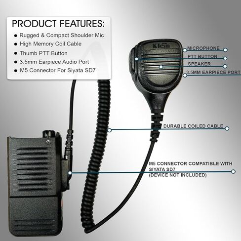 Klein Electronics Bravo Siyata SD7 الكتف MIC - M5 موصل مع زر PTT ، IP56 مقاوم للماء ، ميناء أذن الاستماع 3.5 ملم فقط ، ميكرو كتف مكبر الصوت ، PTT Zello ، Eschat ، تاسستا in Kuwait