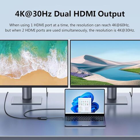 JUEJUEZI 4-in-1 USB C to Dual HDMI Adapter, USB C Multi Port Adapter with 2 HDMI 4K Ports, USB3.0, PD 100W, C-Type to 2 HD Splitter, Suitable for MacBook Air/Pro, XPS in Kuwait