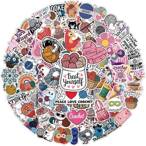 100pcs Crochet and Knitting Stickers Waterproof Vinyl Perfect for Phone Cases, Laptops, Luggage, Birthday Parties, Picnic Crafts, and Daily Decoration in Kuwait