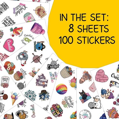 100pcs Crochet and Knitting Stickers Waterproof Vinyl Perfect for Phone Cases, Laptops, Luggage, Birthday Parties, Picnic Crafts, and Daily Decoration in Kuwait