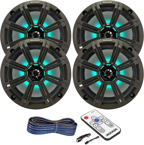 زوجان (Qty 4) من Kicker 8 "2-Way 300 Max Power Coaxial Marine Audio Multicolor LED مع شبكات الفحم ، مكبر صوت LED عن بُعد ، سلك مكبر صوت يبلغ طوله 50 قدمًا in Saudi Arabia