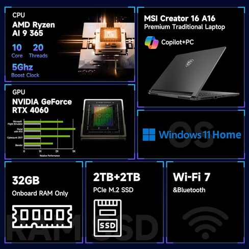 MSI Creator 16 Maming Mame Captop ، WQXGA 240Hz ، AMD RYZEN AI 9 365 ، NVIDIA GEFORCE RTX 4060 ، 32GB RAM ، 2TB SSD ، لكل مفتاح RGB KB ، Wi-Fi 7 ، W11 H ، باقة مع Targus 100W Docing Docking in Saudi Arabia