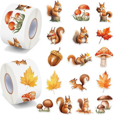 Autumn Squirrel Sticker Roll - 1000pcs Watercolor Fall Squirrel Waterproof Vinyl Reusable Laptop Sticker Coloring Book Scrapbook Water Bottle Page Activity Pad Birthday Party Favor Skateboard in Kuwait