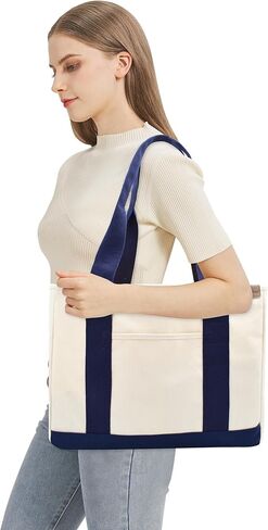 Canvas Tote Bag Casual Multi pockets Handbags Large Capacity Shopping Shoulder Bag with Pocket Bags Work Purses in Kuwait