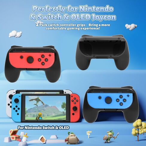 Grips متوافقة مع Nintendo Switch for Joy Con & OLED ، إكسسوارات مجموعة مقبض مضادة للانزلاق مريح للتبديل New Joy Cons Controller ، 2 Pack (Black) in Kuwait