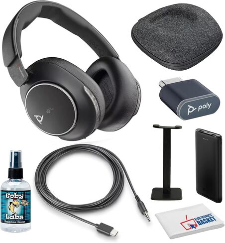 Poly (Plantronics Voyager Surround 80 UC Noise-Canceling Wireless Over-Ear Headset (8G7T9AA) Bundle Including: P-Bank Battery, Goby Labs Headphone Cleaner, Headphone Stand, Fiber Cloth in Saudi Arabia