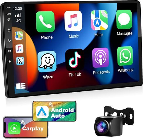 Podofo 2 + 32g Stereo Dine Din Car Stereo مع Apple Carplay اللاسلكي Android Auto 10.1 بوصة الشاشة التي تعمل باللمس يدعم نظام GPS ، واي فاي ، RDS ، شاشة منقسم + كاميرا احتياطية وميكروفون in Kuwait