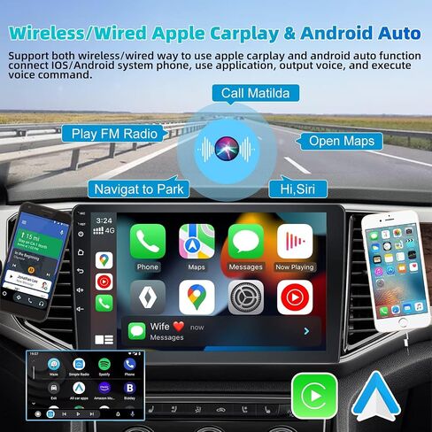 Podofo 2 + 32g Stereo Dine Din Car Stereo مع Apple Carplay اللاسلكي Android Auto 10.1 بوصة الشاشة التي تعمل باللمس يدعم نظام GPS ، واي فاي ، RDS ، شاشة منقسم + كاميرا احتياطية وميكروفون in Kuwait