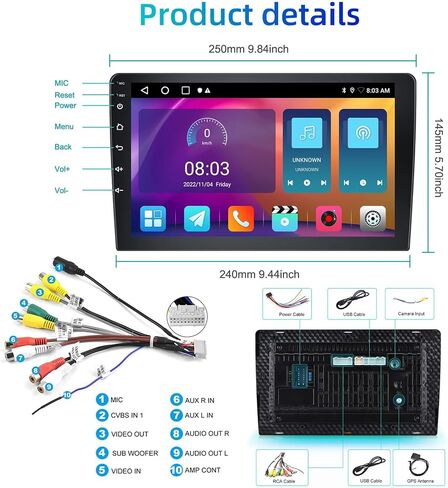 Podofo 2 + 32g Stereo Dine Din Car Stereo مع Apple Carplay اللاسلكي Android Auto 10.1 بوصة الشاشة التي تعمل باللمس يدعم نظام GPS ، واي فاي ، RDS ، شاشة منقسم + كاميرا احتياطية وميكروفون in Kuwait