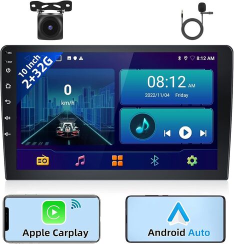 Podofo 2 + 32g Stereo Dine Din Car Stereo مع Apple Carplay اللاسلكي Android Auto 10.1 بوصة الشاشة التي تعمل باللمس يدعم نظام GPS ، واي فاي ، RDS ، شاشة منقسم + كاميرا احتياطية وميكروفون in Kuwait