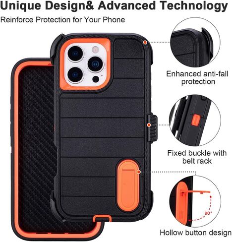 للحصول على قضية الهاتف الأسود iPhone 16 Pro مع حزام مقطع الحافظة الثقيلة الحافظة الصدمة ، 3 طبقات من حالات حماية من الدرجة العسكرية القوية لحالة iPhone 16 Pro مع مقطع (Black+Orange) in Kuwait
