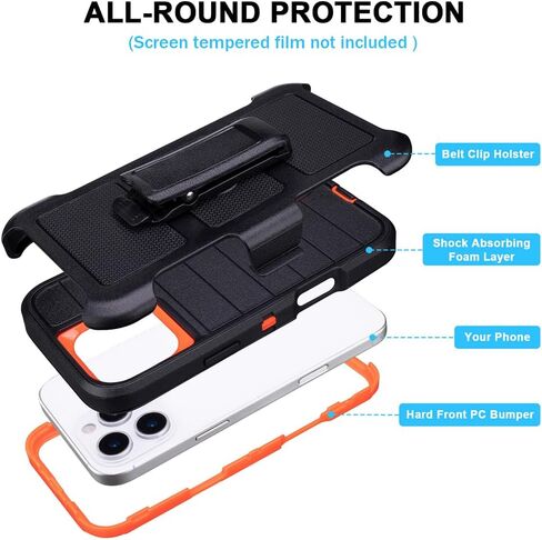 للحصول على قضية الهاتف الأسود iPhone 16 Pro مع حزام مقطع الحافظة الثقيلة الحافظة الصدمة ، 3 طبقات من حالات حماية من الدرجة العسكرية القوية لحالة iPhone 16 Pro مع مقطع (Black+Orange) in Kuwait