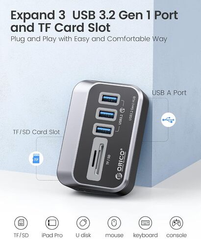ORICO USB 3.0 HUB مع قارئ بطاقة SD/TF ، 3 منفذ USB HUB 5 جيجابت في الثانية مع كابل USB-C 1.64 قدم ومحول USB SPILITT in Kuwait
