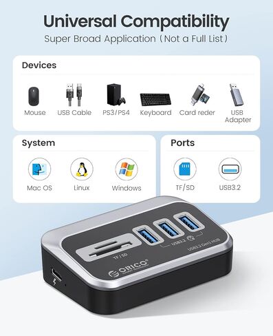 ORICO USB 3.0 HUB مع قارئ بطاقة SD/TF ، 3 منفذ USB HUB 5 جيجابت في الثانية مع كابل USB-C 1.64 قدم ومحول USB SPILITT in Kuwait