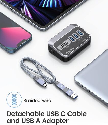 ORICO USB 3.0 HUB مع قارئ بطاقة SD/TF ، 3 منفذ USB HUB 5 جيجابت في الثانية مع كابل USB-C 1.64 قدم ومحول USB SPILITT in Kuwait