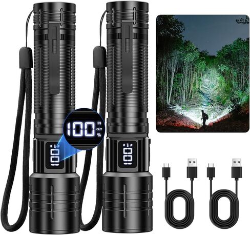 AdamStar Flashlight High Lumens Rechargeable Super Bright Flashlight Zoomable LED Flash Light with Dimmable, 6 Modes Waterproof Handheld Powerful Tactical Flashlights for Camping Emergency (2 Pack) in Kuwait