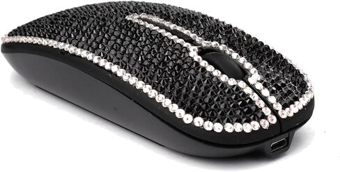 Wongs Bling Silver Edge Black Crystal Rhinestone Reconsable Slim Silent Sparkly Computer Mouse مع جهاز استقبال USB ، الفئران المبللة للكمبيوتر المحمول ، الكمبيوتر المحمول ، الكمبيوتر ، MacBook - Silver Edge in Kuwait