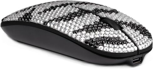 Wongs Bling Silver Edge Black Crystal Rhinestone Reconsable Slim Silent Sparkly Computer Mouse مع جهاز استقبال USB ، الفئران المبللة للكمبيوتر المحمول ، الكمبيوتر المحمول ، الكمبيوتر ، MacBook - Silver Edge in Kuwait