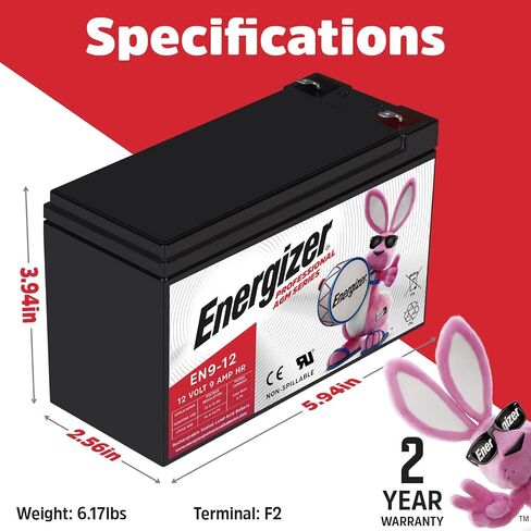 Energizer EN9-12, 12 Volt 9 Amp Hr, Long Lasting Sealed Lead Acid AGM Rechargeable Battery Ideal for Use in Home Alarm Systems, Backup Power, Scooters, and More in Saudi Arabia