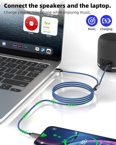 كابل صوت سماعة رأس AUX 1.2M (2in1) محول شحن USB 3.5 مم لجهاز iPhone 14 13 12 Pro Max Flitter for Apple Mostice for iPad Seeker Stereo Enpown in Kuwait
