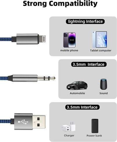 كابل صوت سماعة رأس AUX 1.2M (2in1) محول شحن USB 3.5 مم لجهاز iPhone 14 13 12 Pro Max Flitter for Apple Mostice for iPad Seeker Stereo Enpown in Kuwait