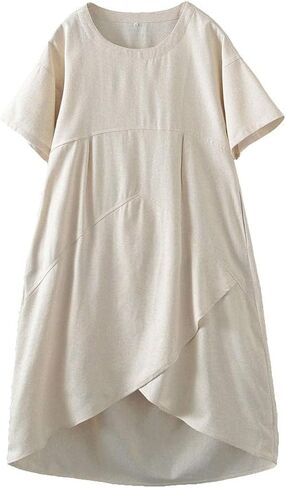 Tebreux Women's Linen Midi Dress Oversized Short Sleeve Sundress Baggy Tunic Dresses with Pockets in Saudi Arabia
