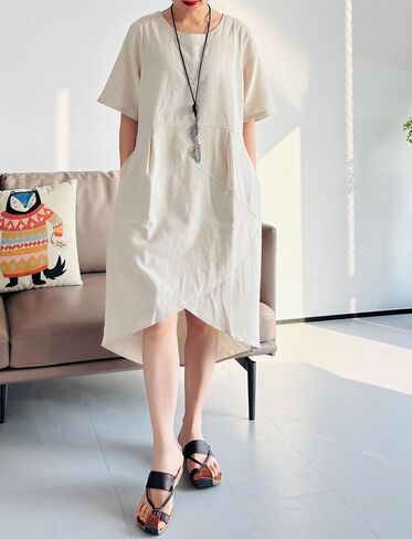 Tebreux Women's Linen Midi Dress Oversized Short Sleeve Sundress Baggy Tunic Dresses with Pockets in Saudi Arabia