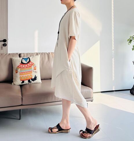 Tebreux Women's Linen Midi Dress Oversized Short Sleeve Sundress Baggy Tunic Dresses with Pockets in Saudi Arabia