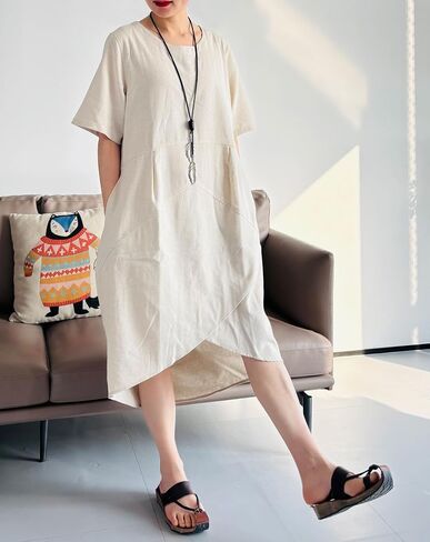 Tebreux Women's Linen Midi Dress Oversized Short Sleeve Sundress Baggy Tunic Dresses with Pockets in Saudi Arabia
