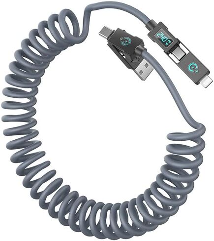 240W ملفوف USB C Cable للسيارة ، 4 في 1 كابل شحن سريع شحن USB C إلى كابل USB C مع عرض LED COMBO USB A/C إلى C/L لجهاز iPhone 16/15 ، iPad ، MacBook ، أقراص ، 6 أمتار in Kuwait