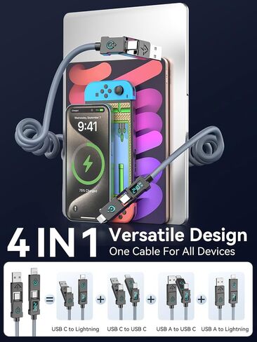 240W ملفوف USB C Cable للسيارة ، 4 في 1 كابل شحن سريع شحن USB C إلى كابل USB C مع عرض LED COMBO USB A/C إلى C/L لجهاز iPhone 16/15 ، iPad ، MacBook ، أقراص ، 6 أمتار in Kuwait