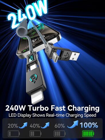 240W ملفوف USB C Cable للسيارة ، 4 في 1 كابل شحن سريع شحن USB C إلى كابل USB C مع عرض LED COMBO USB A/C إلى C/L لجهاز iPhone 16/15 ، iPad ، MacBook ، أقراص ، 6 أمتار in Kuwait