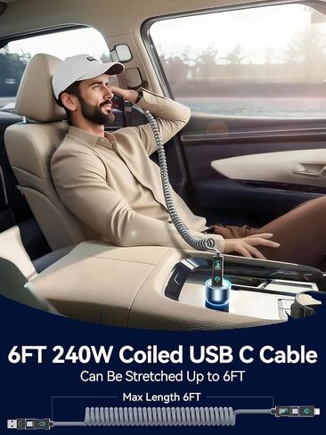 240W ملفوف USB C Cable للسيارة ، 4 في 1 كابل شحن سريع شحن USB C إلى كابل USB C مع عرض LED COMBO USB A/C إلى C/L لجهاز iPhone 16/15 ، iPad ، MacBook ، أقراص ، 6 أمتار in Kuwait