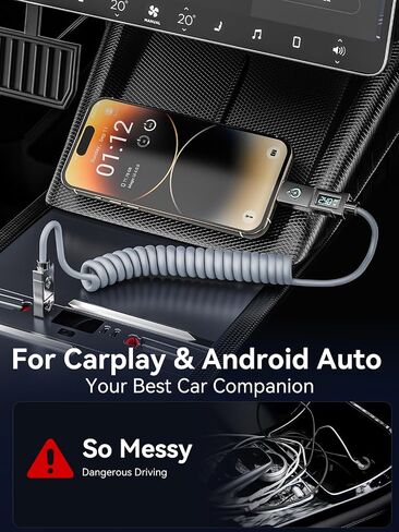 240W ملفوف USB C Cable للسيارة ، 4 في 1 كابل شحن سريع شحن USB C إلى كابل USB C مع عرض LED COMBO USB A/C إلى C/L لجهاز iPhone 16/15 ، iPad ، MacBook ، أقراص ، 6 أمتار in Kuwait