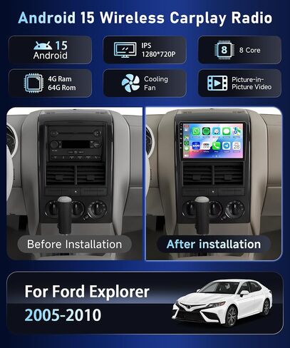 8Core4+64g Stereo لـ Ford Explorer 2005-2010 Wireless Carplay/Android Auto Android Radio مع شاشة IPS Touch Touch ، BT5.1 ، DSP HI-RES ، GPS ، SWC ، كاميرا احتياطية لراديو Ford Explorer in Saudi Arabia