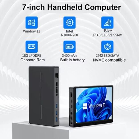 S7 ANB09 MINI PC N200 POTALTOR ، 16GB LPDDR5 RAM ، 0GB M.2 SSD ، Win 11 Pro مع شاشة تعمل باللمس HD 7 بوصة ، USB 3.2 ، HDMI 2.1 ، WiFi 6 ، BT 5.2 ، كمبيوتر سطح المكتب المدمج (N200 ، 16G+0) in Saudi Arabia