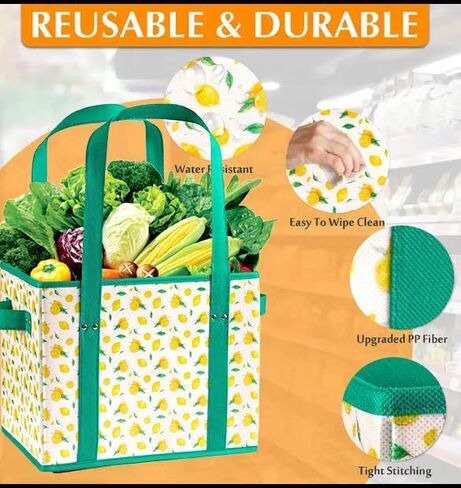 (3 عبوات) أكياس بقالة شديدة التحمل وقابلة لإعادة الاستخدام مع مقابض على شكل صندوق للوقوف، وتبقى مفتوحة وقابلة للطي بشكل مسطح، منظم حقائب كبيرة بمقابض طويلة وقاعدة معززة للتسوق بكميات كبيرة in Kuwait