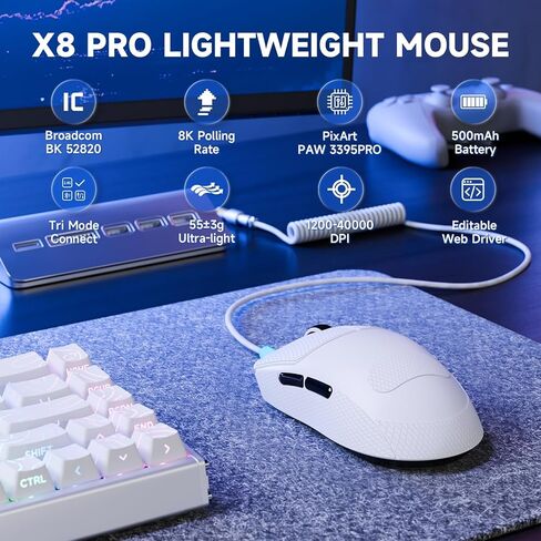 ATTACK SHARK X8 PRO Wireless Gaming Mouse,PAW 3395PRO Sensor,40K DPI,Tri-Mode,8K Polling,55g Ultra-Light,Broadcom 52840 MCU Chip,Programmable Mice with Coiled Cable for PC/MAC/Win-Black&Tape in Saudi Arabia